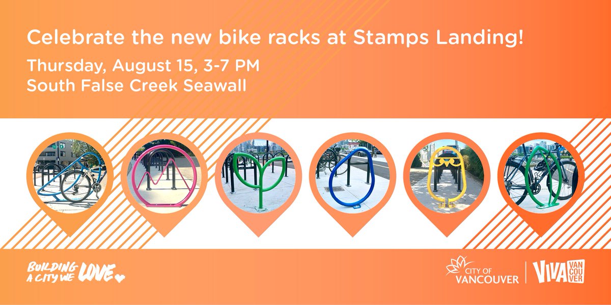 CityofVancouver's tweet photo. Join us at Stamps Landing this Thurs to celebrate the installation of 6 new bike racks from last year’s #BikeRackDesignContest! To find out where more winning bike racks are located around the city, visit https://t.co/k1eZncvopA …. #VIVAVancouver https://t.co/TyG1ibVZf4