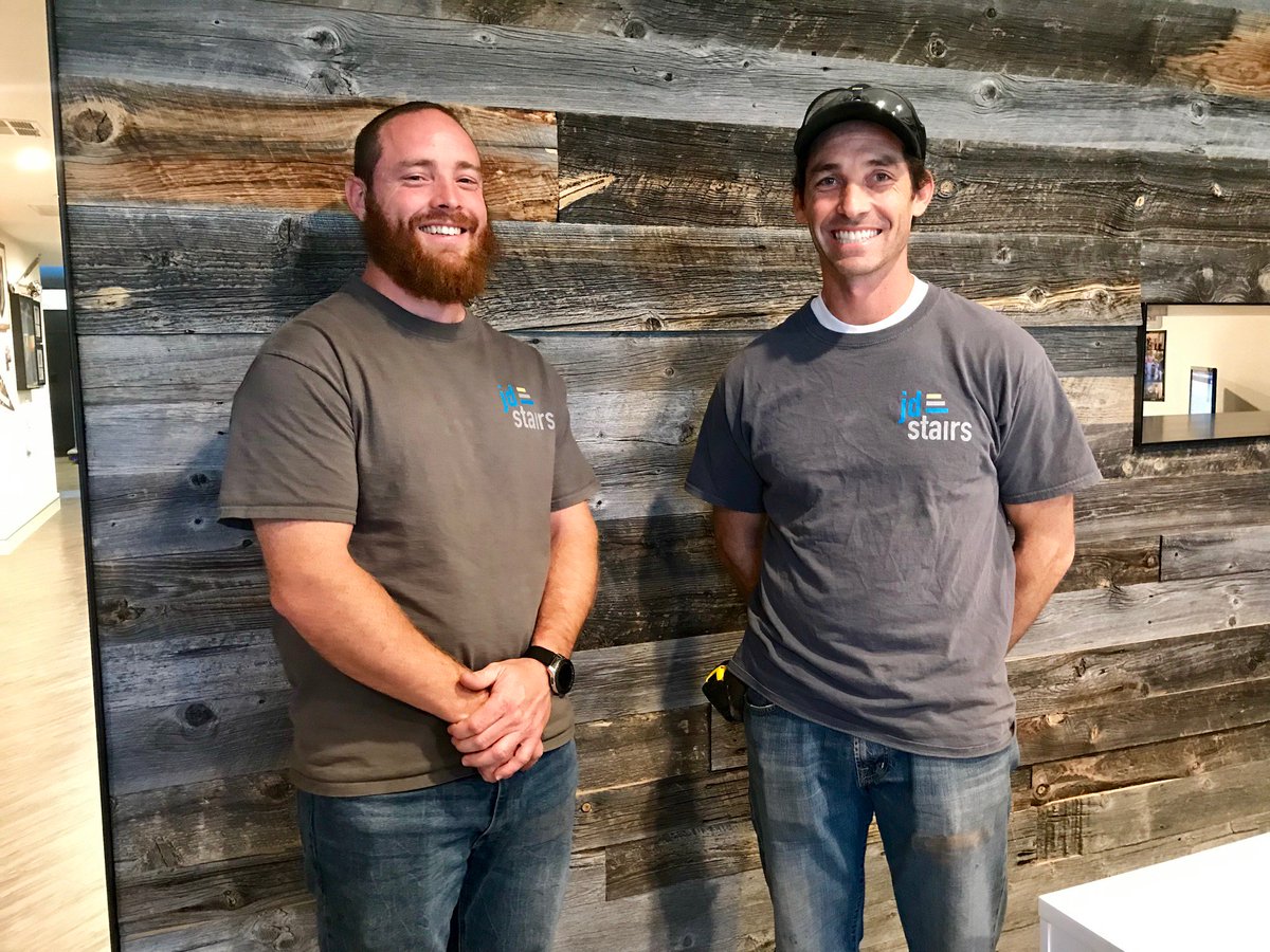 CanyonCreative's tweet photo. JDStairs is a great client. Donald and Jonathan Webster, the owners, returned to their family farm in Alberta, Canada and tore down an old barn. They brought the wooden planks back to Vegas and created a wall that goes from the reception area to the conference room. Nice job! https://t.co/teORsOuuAW