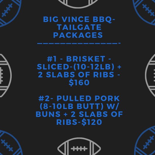 BbqVince's tweet photo. Ready For Football?It’s that time of year again! For College GameDay on 8/31 let BigVince make your football party a hit with BBQ Tailgate Packages !! Place your orders no later than 8/28..Will deliver all orders @ no cost.. Spaces for orders are limited! bigvincebbq@gmail.com https://t.co/gj0H5P8N0Q