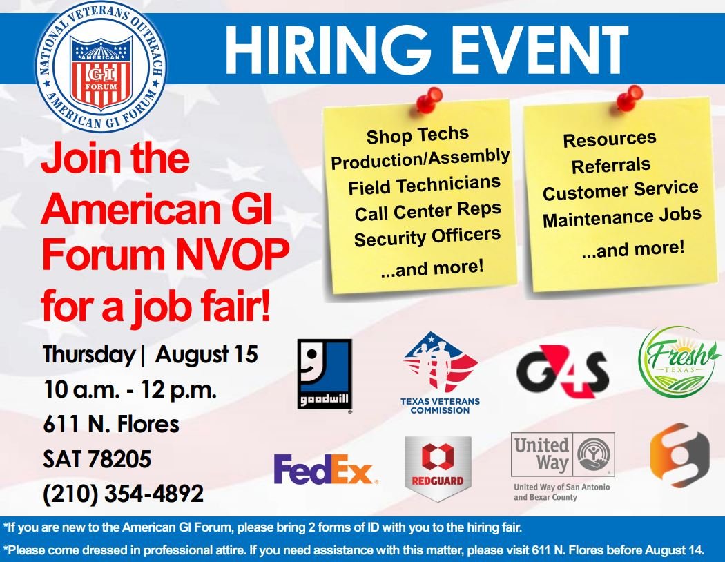 TXVeteransDOC's tweet photo. GI Forum Job Fair has employers ready to hire YOU! Bring plenty of resumes. https://t.co/axRRVERuWO
