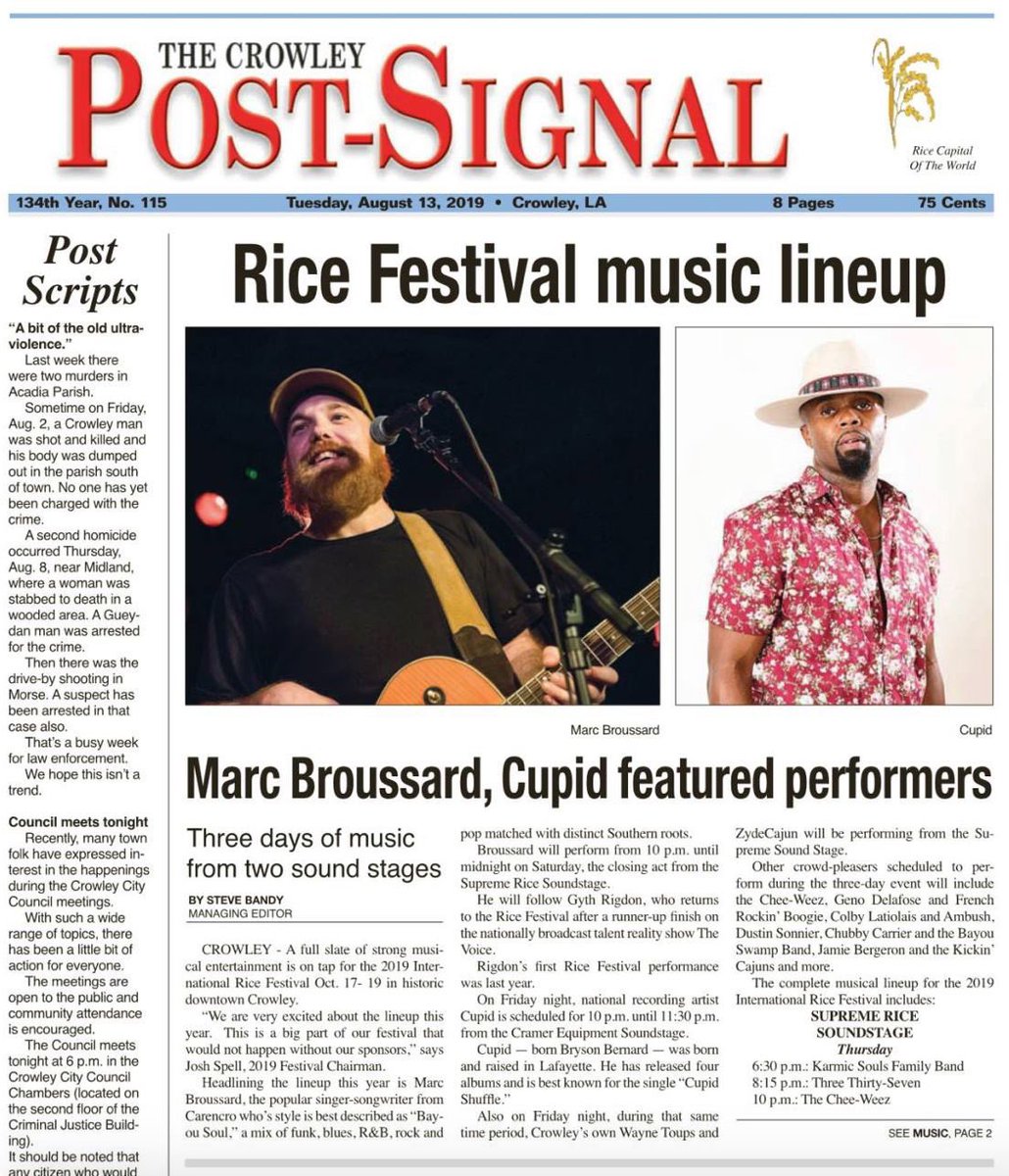 IntRiceFestival's tweet photo. Thank you to The Crowley Post-Signal for this feature on the front page! Read more at https://t.co/oWjJT6TqKx. #83IRF #RiceFest #MarcBroussard #Cupid https://t.co/JKsXR6Or7N