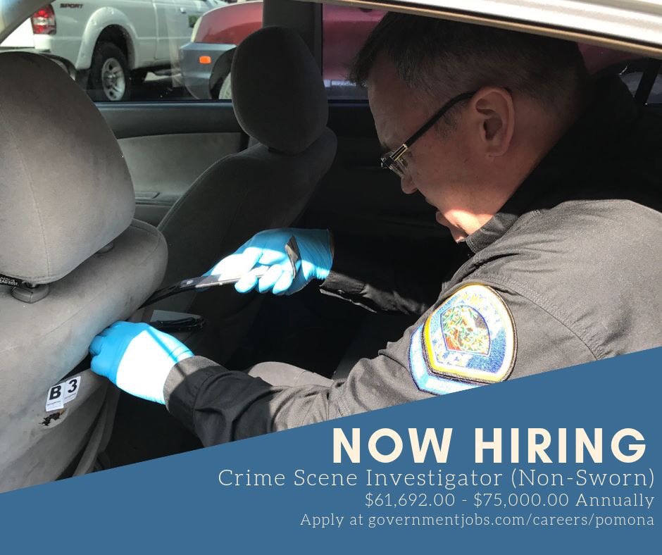 Are your #TuesdayThoughts leading you to wonder about a new career? Don’t miss this opportunity to #JoinPomonaPD. We’re searching for a Crime Scene Investigator (Non-Sworn) to join our team 🕵🏻‍♀️👮🏽‍♂️🚔. Apply here bit.ly/33wwfwN