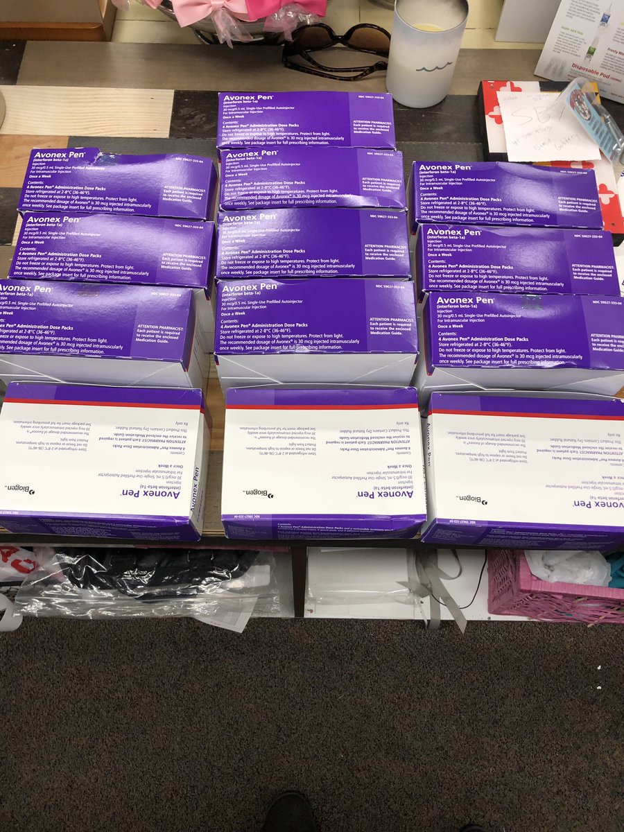mrschury's tweet photo. Mail Order Waste!!!  Had a customer’s sister brought this to me after he passed away.  Mail Order kept sending his Avonex at a cost of $6700 per box and a grand total of over $87,000 wasted!!  #mailorderwaste @SecAzar @Commpharmacy https://t.co/UR8EuoENXH