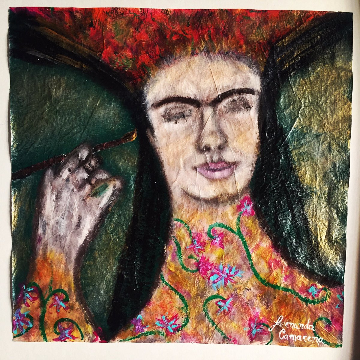 CamarenaPintora's tweet photo. Frida...como siempre la percibí , pintándose y hasta en ella misma, en lienzo o en yeso, sin perder el tiempo...
“Aquí me pinté yo”,  acrílico en papel de china, 30x30.
🔴Obra en Venta🔴
Exposición Homenaje a Frida Kahlo, 3ra edición
#art #arte #mexicanartist 
#artwork #Frida https://t.co/8tgS8COyxR