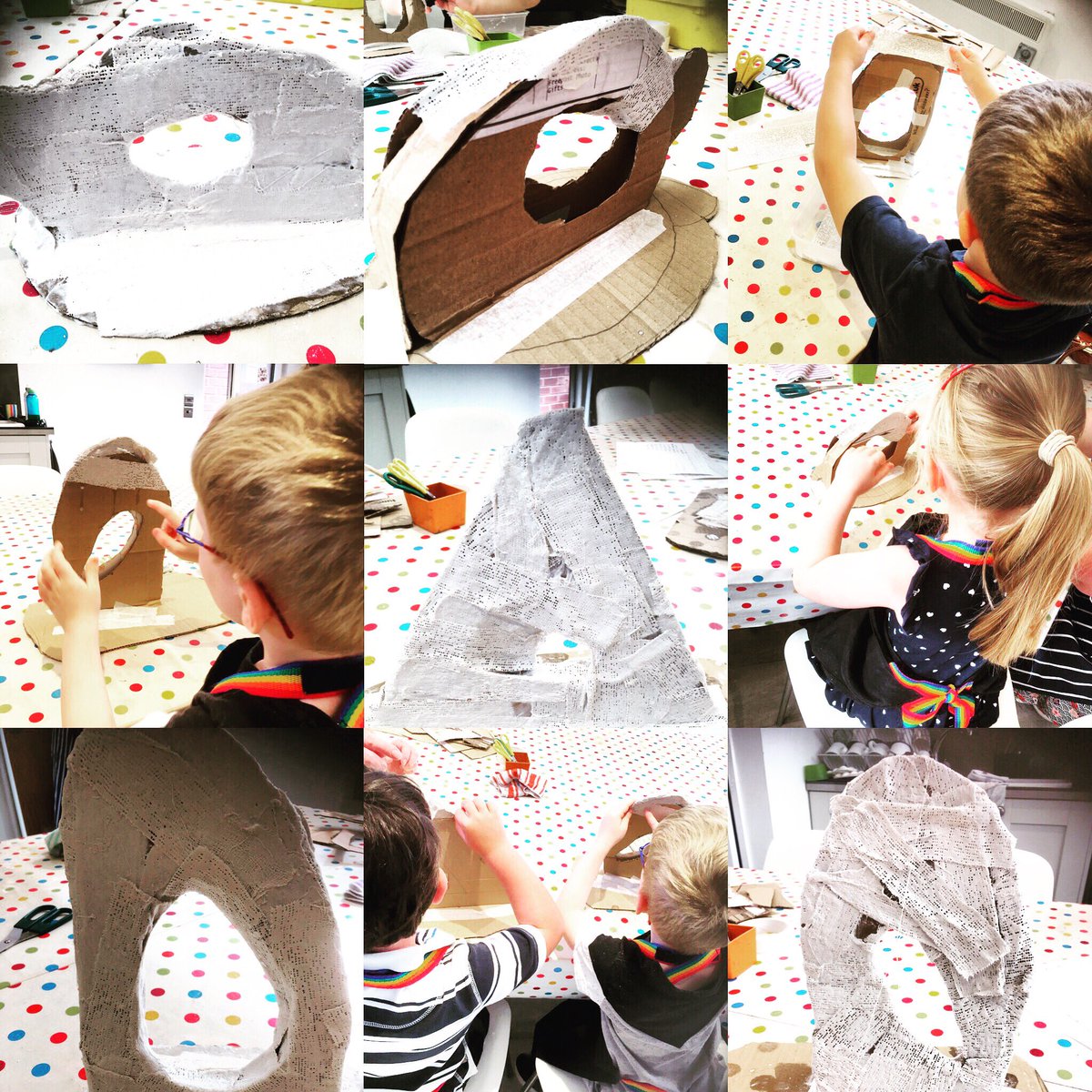 artschoolcreate's tweet photo. We had a lot of messy fun building these amazing Barbara Hepworth inspired sculptures at the masterpieces workshops today. We built a base of card and masking tape which we covered with modroc. #createartschool #createwestbridgford #masterpieces2019 
#barbarahepworthsculpture https://t.co/5kmxlilVZi