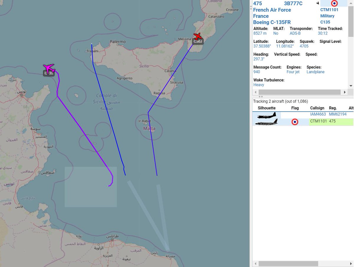 scandura's tweet photo. @RadioRadicale 3⃣
2019-08-13
1221z ⏱️ 14:21 CEST
✈️ French Air Force 🇫🇷 Boeing C-135FR (475) #CTM1101 'Stratotanker' left Libyan scene;
🛩️ Italian Air Force 🇮🇹 Lockheed C-130J Hercules #MM62194 #IAM4663 from Misrata #MIASIT mission via LUMED waypoint.
#Libya #Libia 💣💥 https://t.co/fZLCNzpqlk