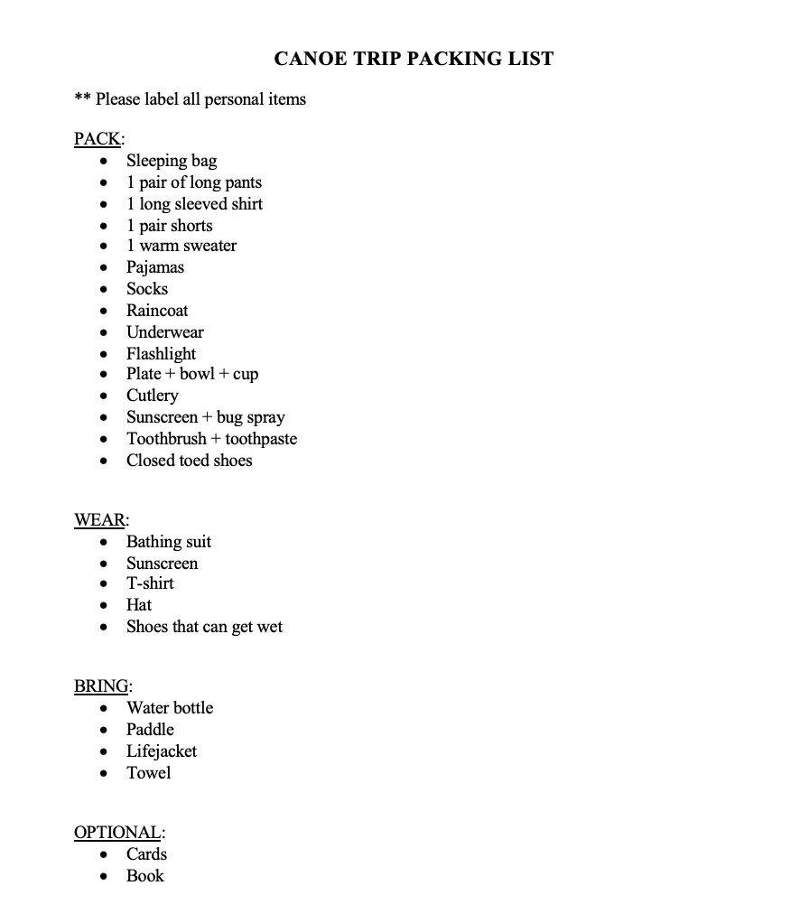 CCARecProgram's tweet photo. Here is the packing list for the canoe trip tomorrow :) https://t.co/oZkx8df1TL