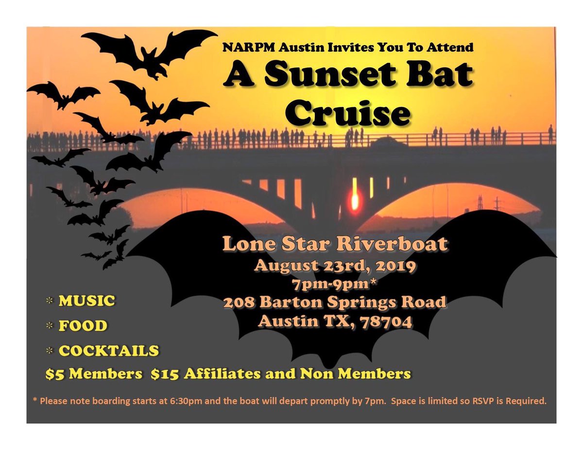 austinNARPM's tweet photo. We’re having a fall membership drive on Friday August 23rd!  Come watch the famed bat colony under the Congress bridge from the comfort of a Texas-themed riverboat  https://t.co/IOTknn1lzQ https://t.co/XBCyAvOGBA