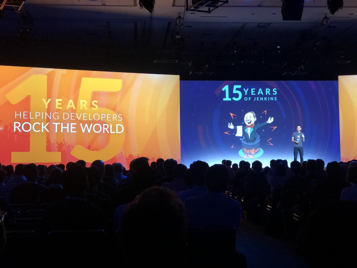 Delphix's tweet photo. Inspiring keynote by @kohsukekawa on the unique origin story of @jenkinsci. “We are trying to make the world a better place faster, together.” @devopsworldconf https://t.co/EIvkWamveR