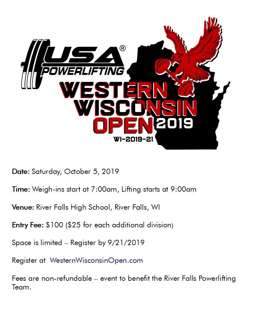 RFPowerlifting's tweet photo. WESTERN WISCONSIN OPEN POWERLIFTING MEET IS COMING SOON!
REGISTRATION IS OPEN https://t.co/i7oUMvnCwv