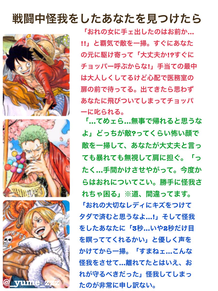 現界夢女 Sur Twitter ルフィ ゾロ サンジ エース サボ ロー 戦闘中に怪我をした彼女を見つけたらどういう反応を取るか独断と偏見でまとめました 怪我する前に助けそうだけど ワンピプラス