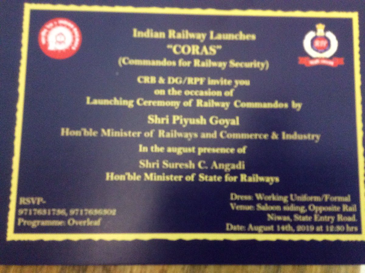 arunkumar783's tweet photo. Indian Railway launches CORAS (Commandos for Railway Security). Today at 12.30 PM at Saloon siding,State entry Road https://t.co/CM87ats4QS