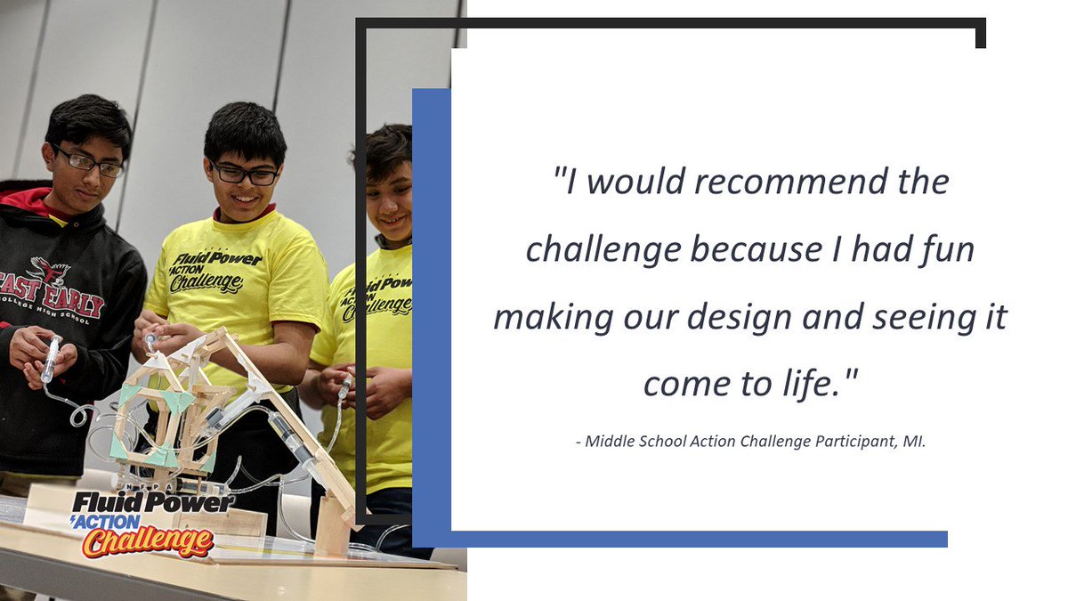 TheNFPA's tweet photo. The #FluidPowerActionChallenge makes #fluidpower, #engineering, and #STEM #education fun and exciting for middle school students by providing hands-on activities to classrooms. Learn more: https://t.co/uDGNdSiPQ5 https://t.co/tR3sJP2mkl