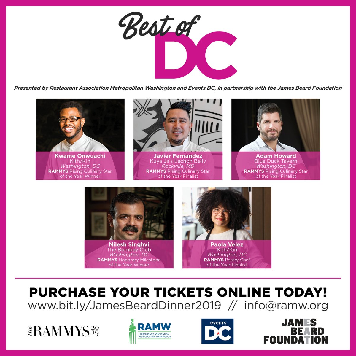 RAMWdc's tweet photo. So much talent, one room! We're bringing 5 @RAMMYawards finalists to the @beardfoundation House with @TheEventsDC Tues 8/20 for one night only โจ๐ฝ๏ธ// ๐ SPACE IS LIMITED - purchase tix to experience the #RAMMYS19 "Best of DC" spotlight dinner today! ๐๐ https://t.co/m1lVQVu00Z https://t.co/nyToVEPqCO