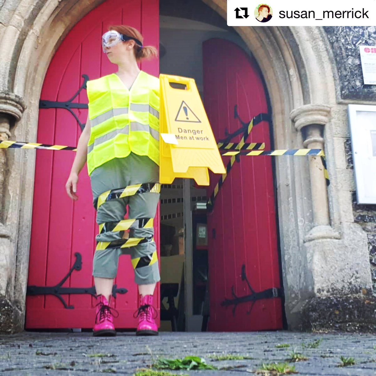 CASartists's tweet photo. #casarthour The Artists are In Residence! Susan Merrick joins the trio for #safeplayarea bringing with her danger tape and signs https://t.co/tjrvDBf8S0