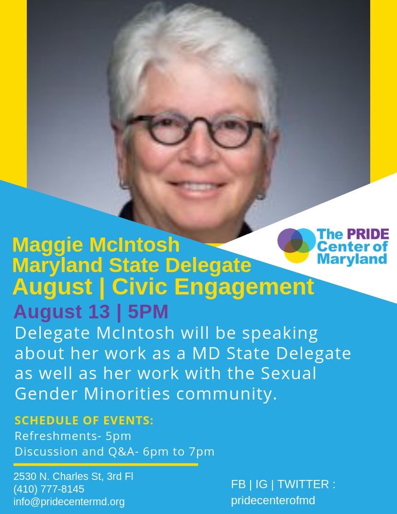 pridecenterofmd's tweet photo. TONIGHT 5-7PM 
ASK QUESTIONS 
GET ANSWERS 
GET INVOLVED 
#DelegateMcIntosh will be speaking about her work as a #MDState Delegate as well as her work with the #SexualGenderMinorities
Refreshments 5pm
Discussion | Q&amp;A 6 to 7pm
#baltimorelgbtq  #baltimorepolitics #marylandpolitics https://t.co/Okj2IPkkGX