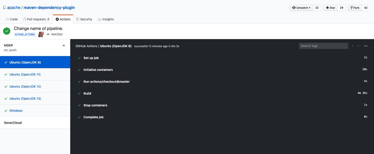 khmarbaise's tweet image. So first GitHub Actions tried for Apache Maven Dependency Plugin @TheASF @ASFMavenProject @github #githubactions #ApacheMaven