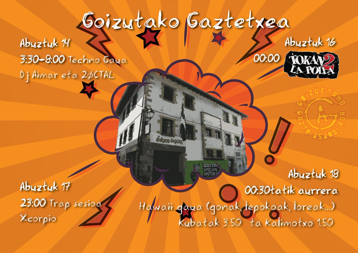 gorkaira's tweet photo. Bihar hasi eta abuztuak 18-ra arte festarako aukera earra goizutan 
Gazte eguna
@gabezintaldea
Iratzar taldea
@laiotztaldea
Tocan2LaPolla
@buleleria
...,
#Goizueta 
#GoizutakoFiestak https://t.co/KkObQ1aPq9