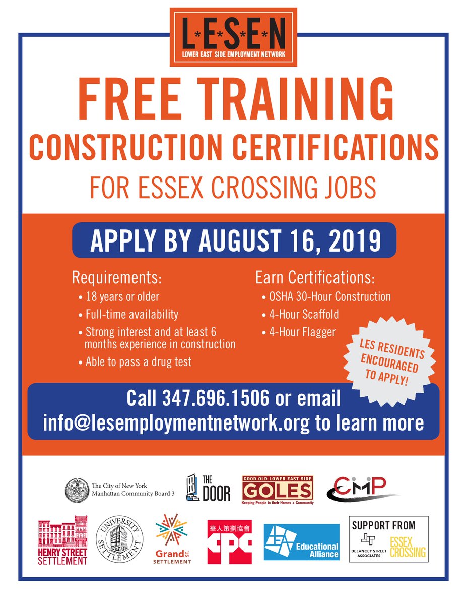 LES_Employ's tweet photo. Final call for anyone interested in our free Construction Certifications Training Program.
Please come and apply at our last open house at 165 Eldridge Street NY NY 10002. Be there at 10am (sharp), space is limited!
#essexcrossingjobs #OSHA30Training #LESemploy https://t.co/la5OwBDZtv