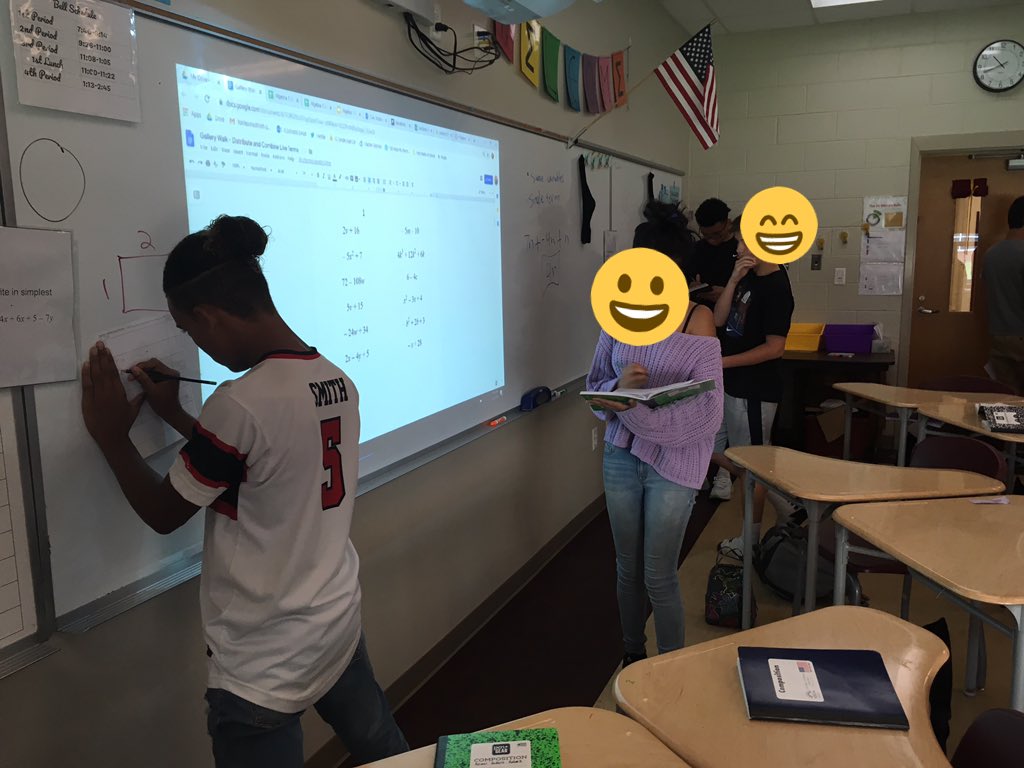 ToriTeachesMath's tweet image. Today was a really great day! After reviewing combining like terms w/@Desmos we did INB notes and Ss practiced with a gallery walk. I put the answers on the board out of order to make it self-checking &amp;amp; was able to support students who needed it. #iTeachMath #mtbos #alg1chat