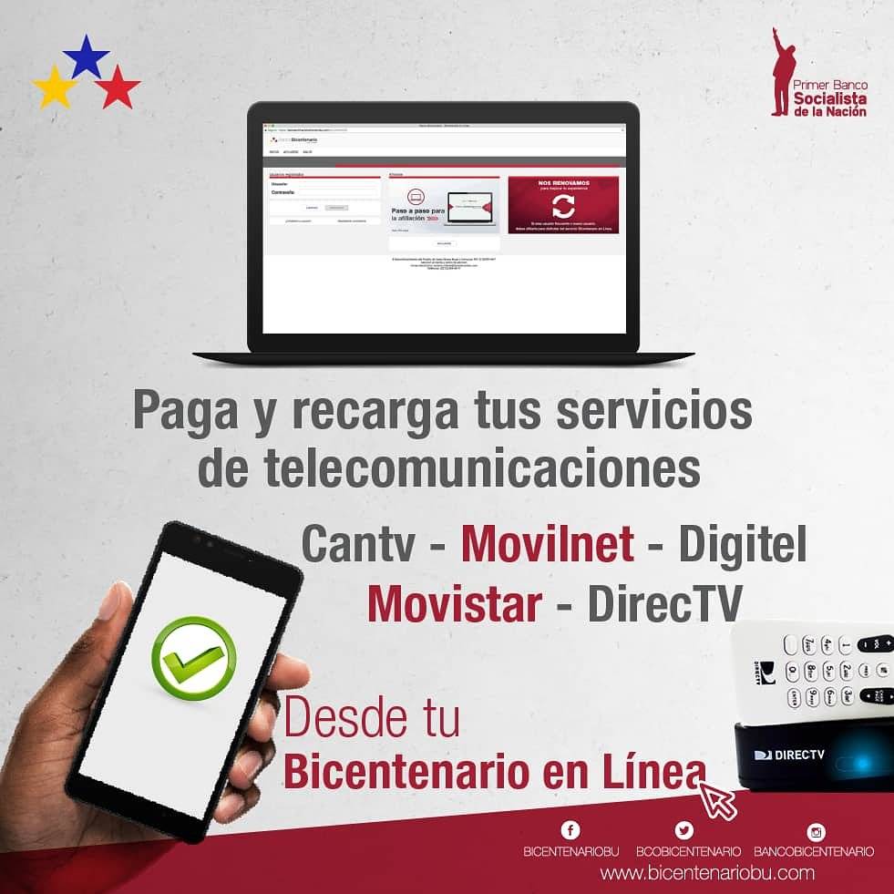 BDT_VE's tweet photo. El Banco Bicentenario del Pueblo promueve el uso de sus canales electrónicos con el aumento de los límites para pago y recarga de los servicios de Cantv, Movistar, Movilnet, Digitel y Directv https://t.co/kl0p4icWzk