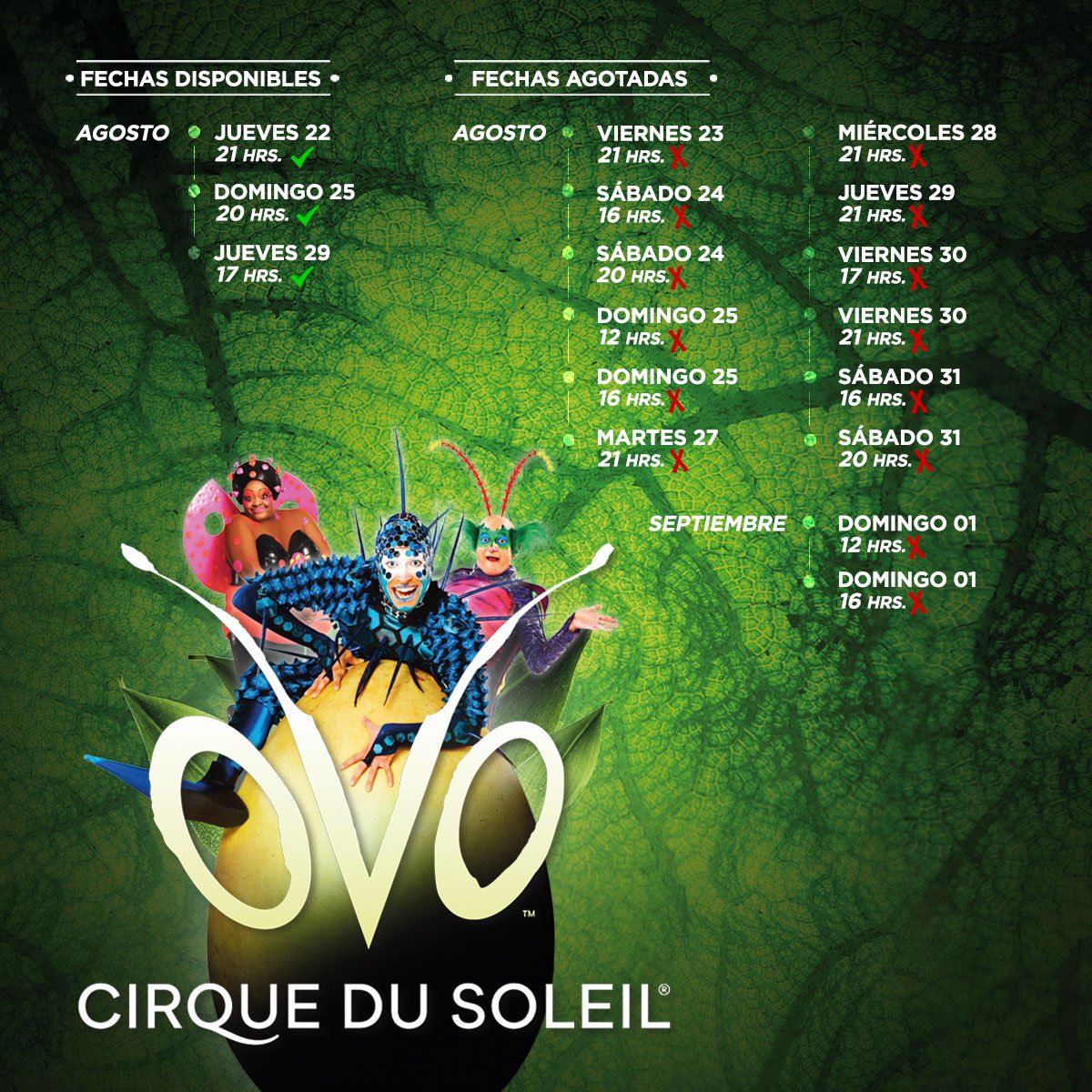 CirqueSoleilCL's tweet photo. ⭐ Quedan solo 9 días para #OVOSantiago ⭐

Últimos 200 tickets 👉🏻 Aprovecha la función del 25 de agosto a las 8pm, es la que tiene más asientos disponibles 🎟 compra ahora aquí https://t.co/fFtdEBkwYu

#CirqueDuSoleil en Chile 🌞 https://t.co/56PDIX22uN
