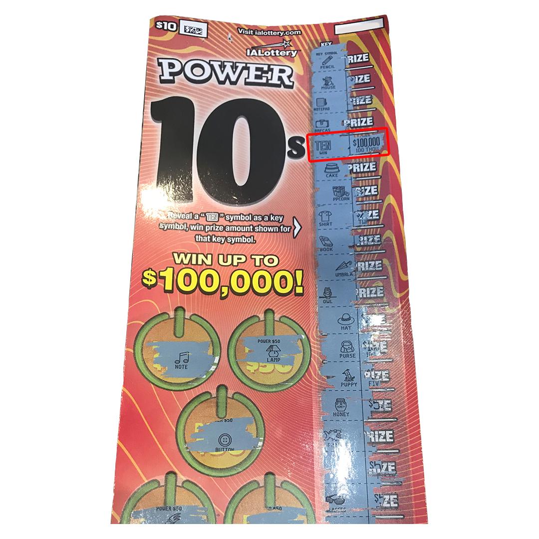 ialottery's tweet photo. What does a $100,000-winning scratch ticket look like? Take a look! David LeClair of #StateCenter uncovered the first top prize available in our new "Power 10s" scratch game on a ticket he purchased at a @caseysgenstore in Nevada. way to go, David! #WooHooForYou https://t.co/2lHtjNeleu