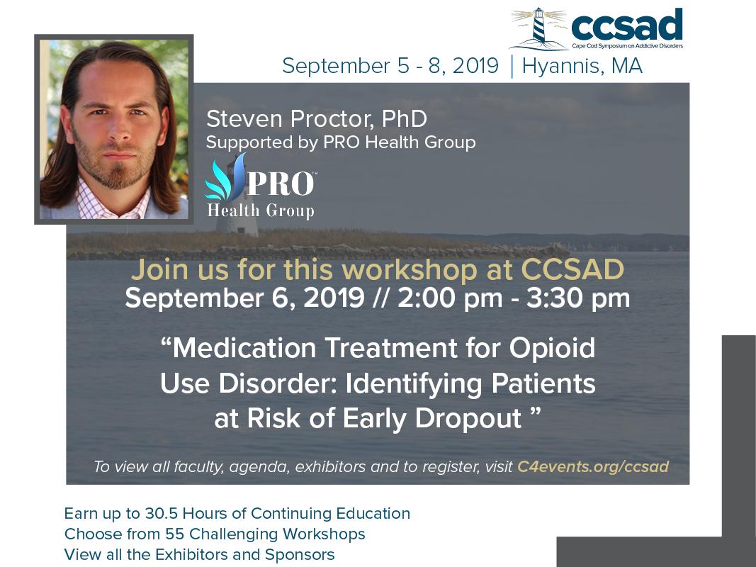 DrStevenProctor's tweet photo. Medication for OUD cuts risk of #overdose death in half, but majority of pts do not remain in tx long enough. I'll be in Cape Cod next month talking about factors predicting early dropout. @C4recovery #CCSAD https://t.co/bNrxqksSb9