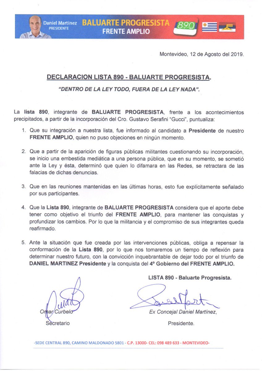 HoracioVaroli's tweet photo. #BaluarteProgresista: Situación "obliga a repensar la conformación de la lista 890". "Nos tomaremos un tiempo de reflexión para determinar nuestro futuro", dice sobre la integración de #Gucci en sus listas. @TelemundoUY https://t.co/fIZeCZocze