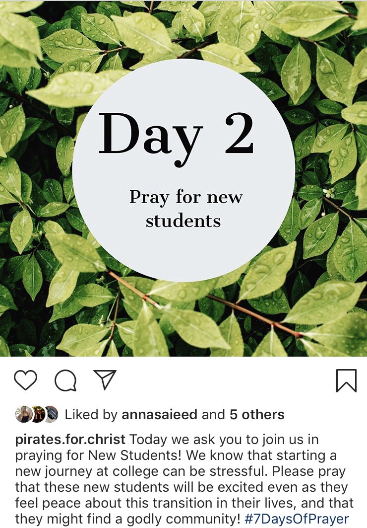 Pirates4Christ's tweet photo. Today we pray for new students! We know this is can be a hard transition so we also pray they get connected to a godly community! #piratesforchrist #ecu #7daysofprayer https://t.co/erJPNPZVdT