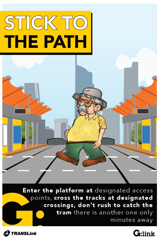 gclightrail's tweet photo. RAIL SAFETY WEEK | REMEMBER TO STICK TO THE PATH: Enter the platform at designated access points, cross the tracks at designated crossings, don’t rush to catch the tram there is another one only minutes away #gclightrail #ridetheg #tramsafety @TrackSAFE https://t.co/KXW1psrXkx