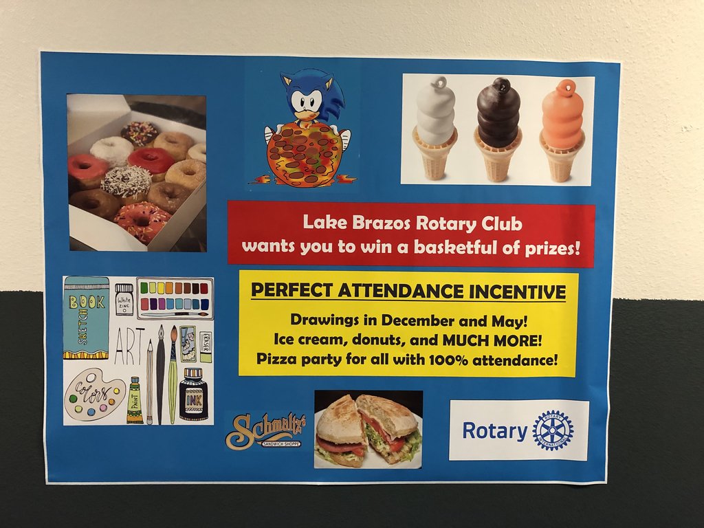 ConnallyECC's tweet photo. A big “Thank You” to the Lake Brazos Rotary Club for supporting our school with the Perfect Attendance Incentive. As you know attendance is very important to your child’s success. We look forward to working with this sponsor for the 2019-2020 school year! https://t.co/mskjZ9n09k