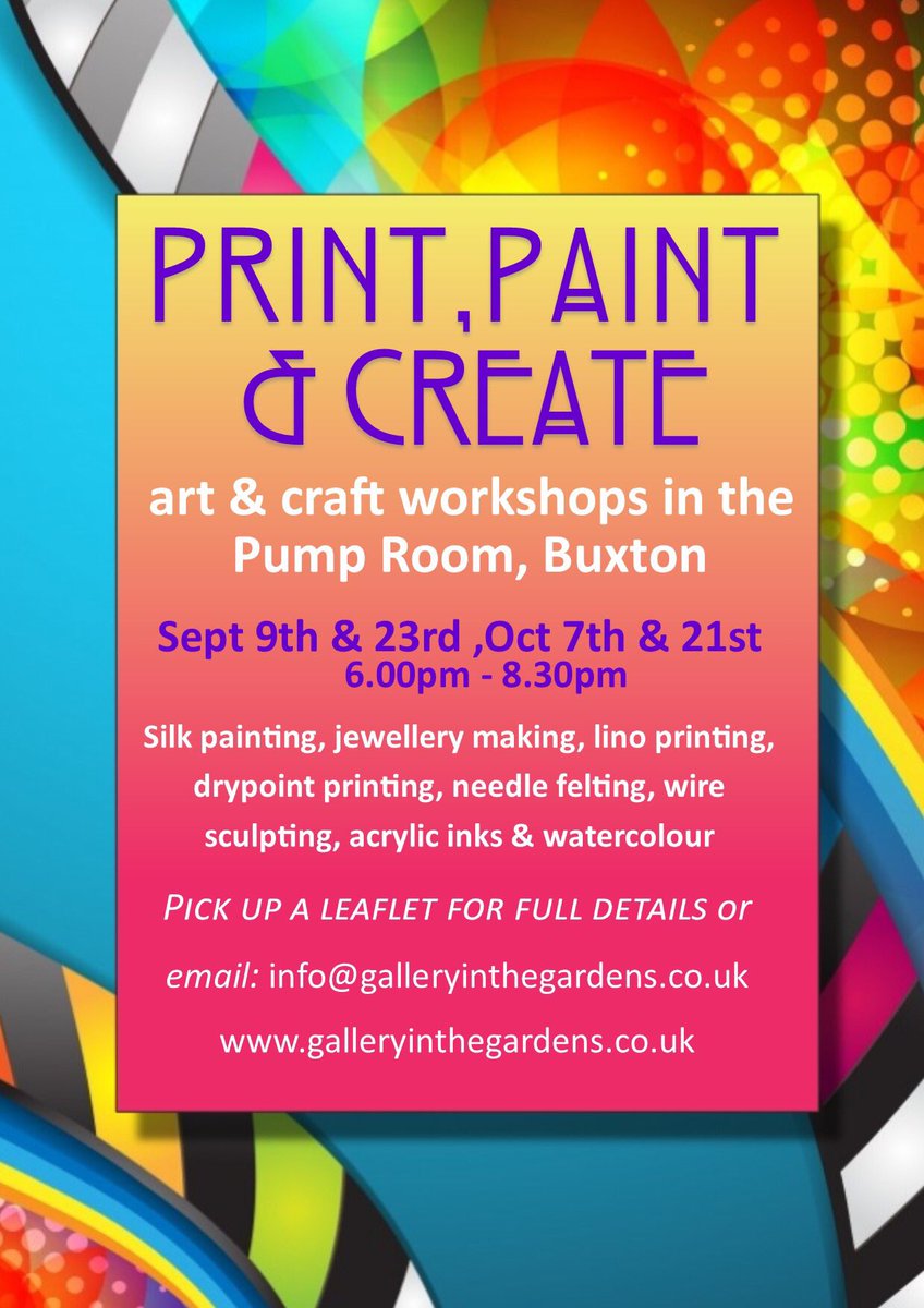 Thanks <a href="/explorebuxton/">Explore Buxton</a> for the feature on <a href="/HighPeakArtists/">GalleryinTheGardens</a> series of Autumn workshops in the Pump Room. I’ll be teaching an ‘Introduction to Silk Painting’ on 8th October😀
