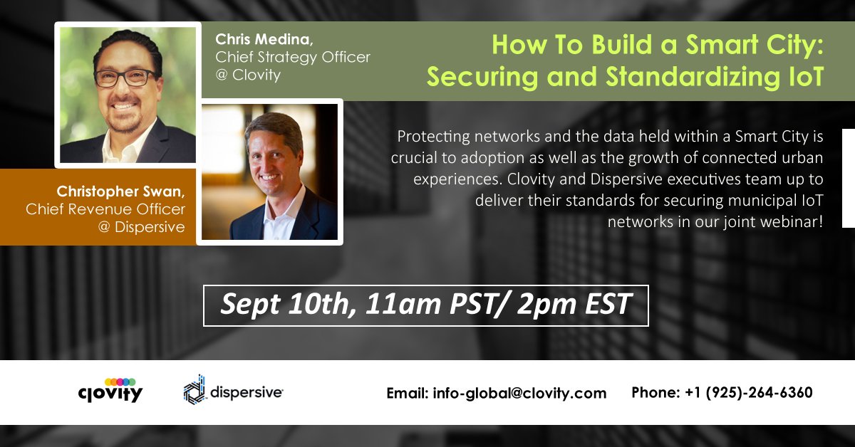 ClovityInc's tweet photo. Our webinar is less than a month away! Our experts are going to be covering the importance of secure and standardized IoT technology in #smartcity development, which is a topic that you don't want to miss. Click here to register today: https://t.co/GNMigTnyvY
#iot #datasecurity https://t.co/G5pSQT6XYj