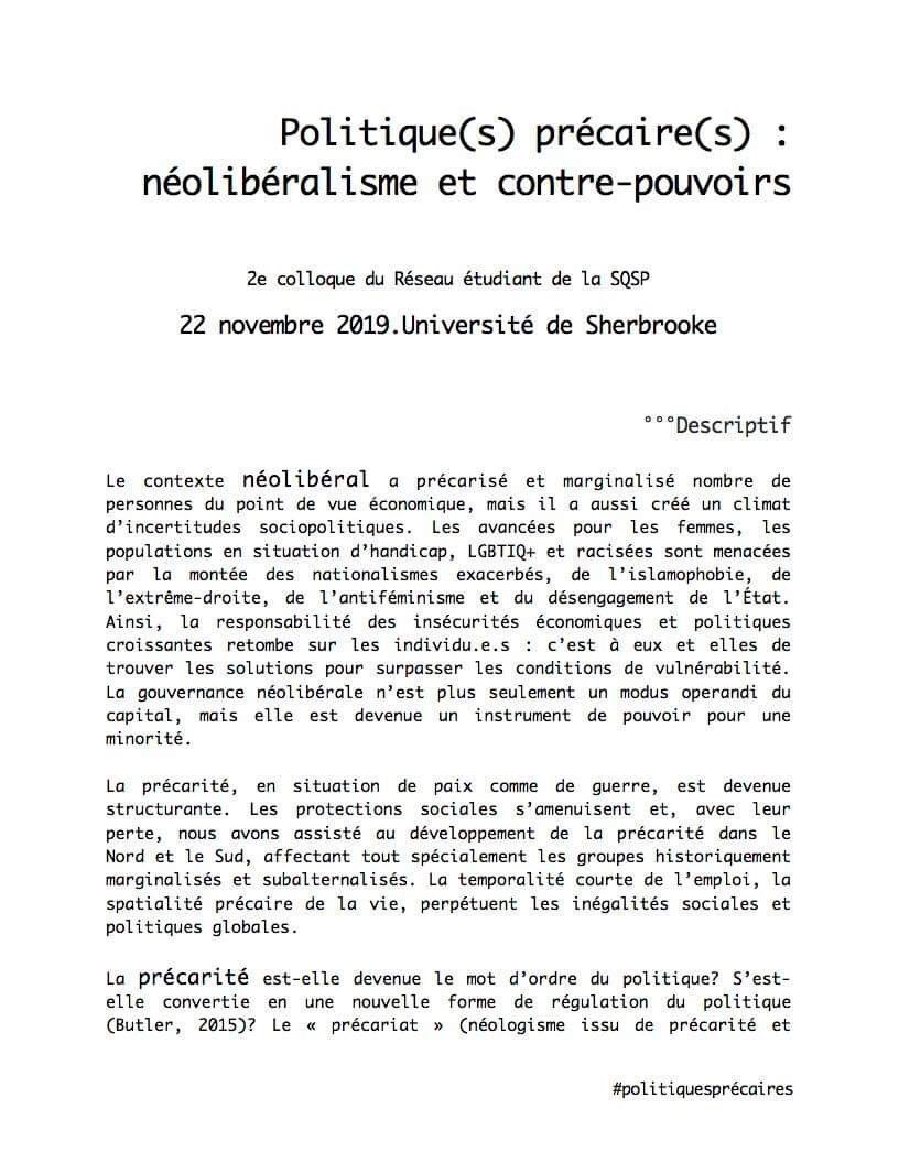 SQSP_'s tweet photo. Anciennement le CRESP, le Réseau étudiant de la #SQSP lance son deuxième appel à communications pour le colloque étudiant 2019!!

Date limite: 15 octobre 2019

#colloque #sciencepo #politique #polqc #polcan #précarité #politiquesprécaires #appel https://t.co/scvlQCB8dL