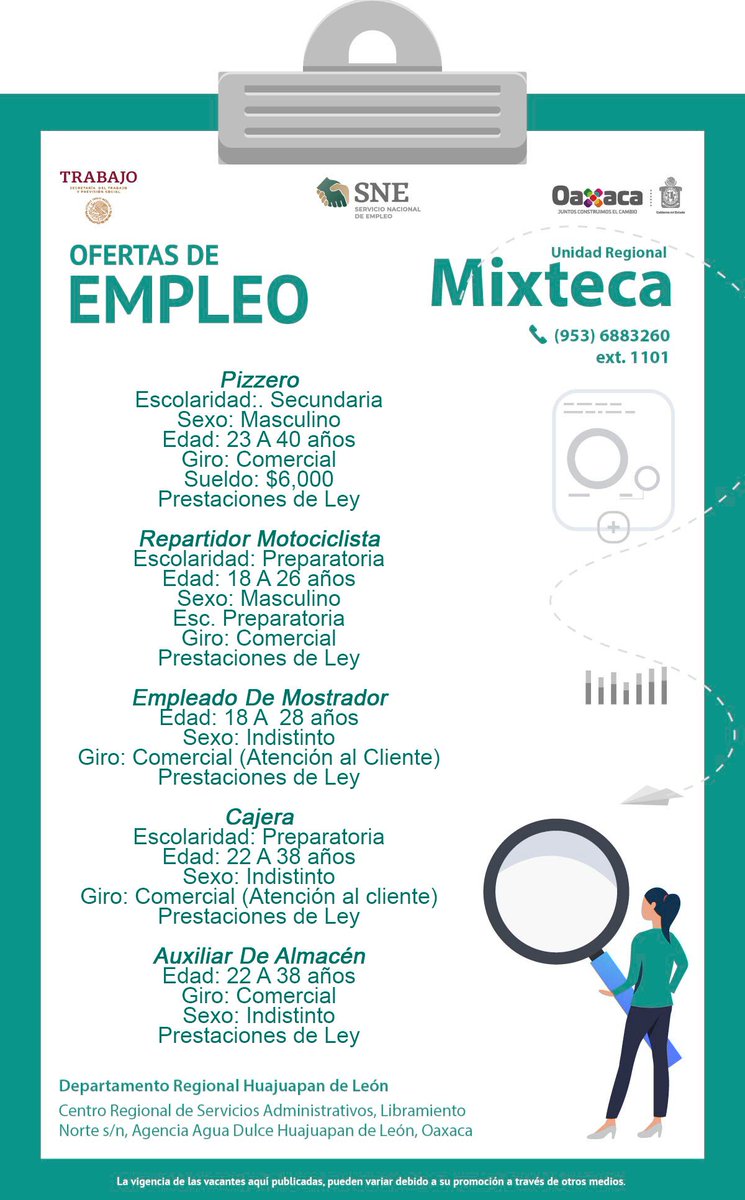 SNEOaxaca's tweet photo. Si estás en busca de un empleo formal, conoce las vacantes de hoy para la #RegiónMixteca. 
Acércate con nosotros para ser atendido por un #ConsejerodeEmpleo. 
Datos de contacto en el cartel 👇.

#Empléate @Sec_EconomiaOax @GobOax https://t.co/Aa26zodpda