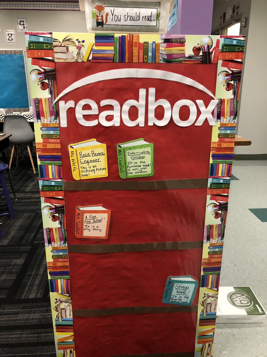 Mrs_Courlas's tweet photo. We have our readbox ready for student book recommendations! We included some of Ms. Wolfe and I’s favorites - what are yours? #PLSDproud #readbox #wildreaders https://t.co/exjuil6Rpy