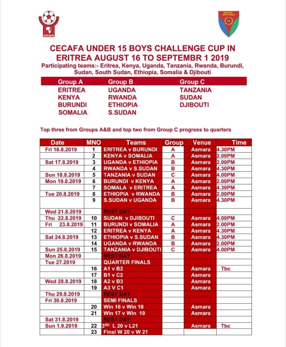eritreafootball's tweet photo. Fixtures of the @Cecafa3 Under 15 tournament in #Asmara from August 16 to September 1. #eritreanfootball #redseacamels #eritrea #cecafa #kenya #burundi #Ethiopia #tanzania #somalia #djibouti #rwanda #uganda #sudan #southsudan https://t.co/4qM0JIkg3h