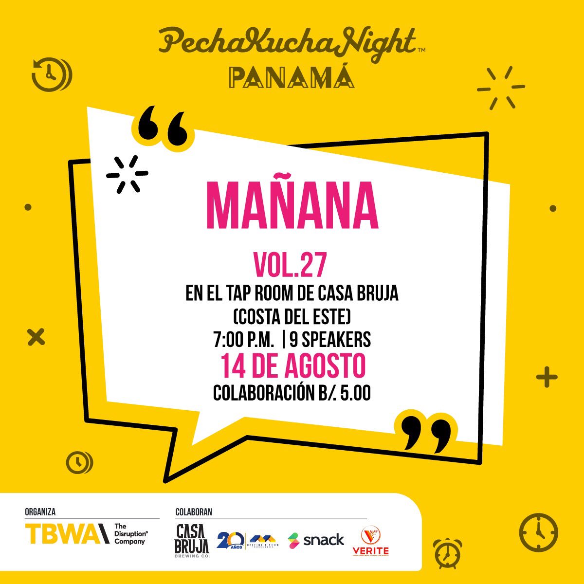 pechakucha_pty's tweet photo. ¡TE ESPERAMOS MAÑANA! 🍻Nos vemos en el Tap Room de Casa Bruja, en Costa del Este desde las 7 PM🙌🏻 https://t.co/GQUjkeRq7s