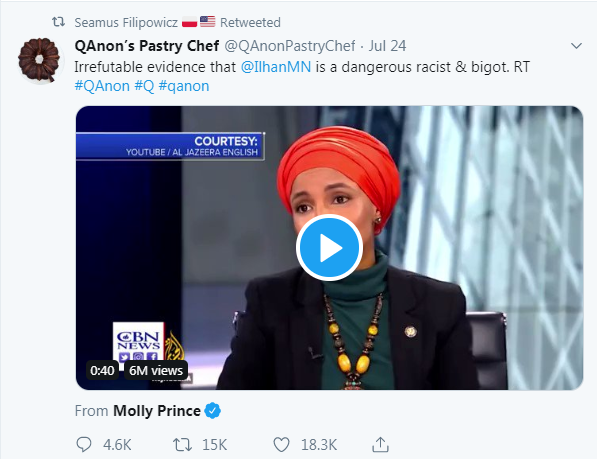 An account Trump just quote tweeted previously retweeted a tweet from a QAnon account that "Q" itself had linked to in a post.  https://www.mediamatters.org/sean-hannity/right-wing-media-figures-and-conspiracy-theorists-boosted-lie-about-ilhan-omar-reached