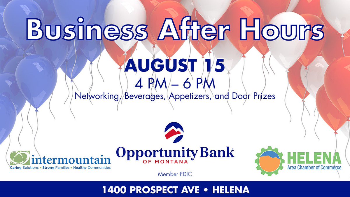 IntermountainMT's tweet photo. Don't forget - our Business After Hours with Opportunity Bank of Montana is this Thursday, August 15 from 4-6pm. We hope you are able to come out and learn a little more about Intermountain!
#IntermountainMT #OpportunityBankMT @Helena_Chamber https://t.co/UYHsH6t5p6