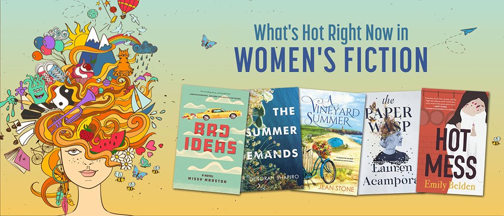 a collage of book covers and a drawing of a woman with long, curly, wavy hair blowing in the wind all around her