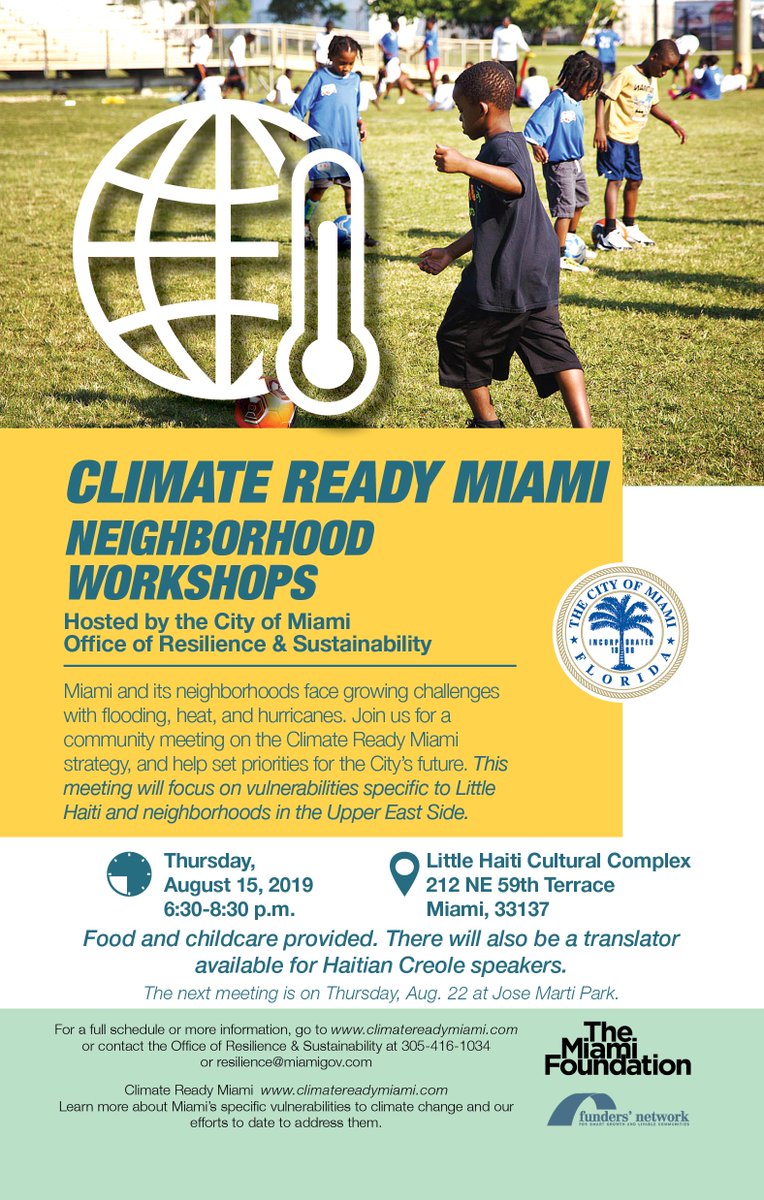 RadicalPartners's tweet photo. Tomorrow 8/15, head to @LHCCmiami at 6:30PM for a #ClimateReadyMiami workshop focused on #LittleHaiti & Upper East Side. @CityofMiami Office of Resilience & Sustainability wants YOUR input as they develop a strategy to keep #Miami climate-ready! https://t.co/IRl2TiFhS6 https://t.co/F4ak29gCCS