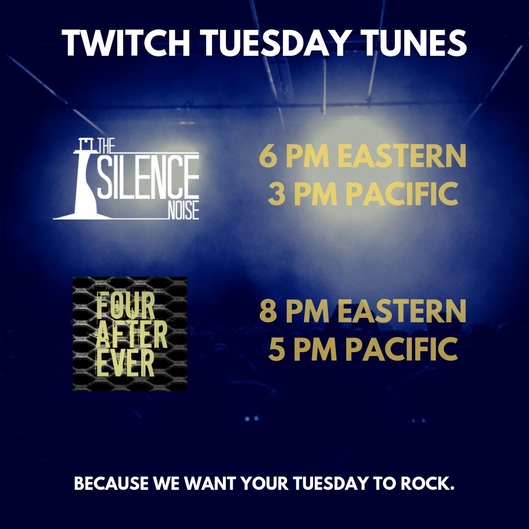 thesilencenoise's tweet photo. It's a #twitchmusic original rock double bill starting at 6 PM Eastern with The Silence Noise and @FourAfterEver - a virtual concert that will help you release all the angst from your work week and rock wherever you are tonight.

#twitch #hardrock #rockmusic #letsdoit #livemusic https://t.co/OaY1uAT9Vu