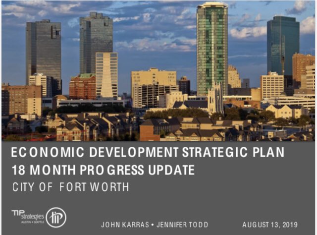 Great overview from <a href="/TIPStrategies/">TIP Strategies</a> on the progress on our strategic plan. Lots of good intiatives accomplished, but we still need to raise the visibility of  #FortWorth. #econdev
