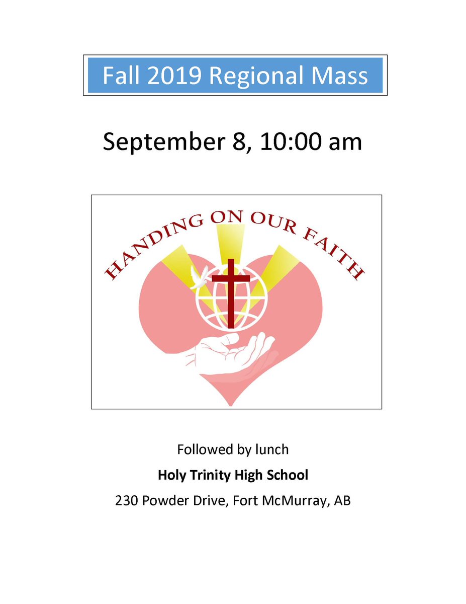 There will be a Regional Mass with Bishop Paul Terrio September 8th at 10am at Holy Trinity Catholic High School! #WeAreFMCSD #ymm #rmwb