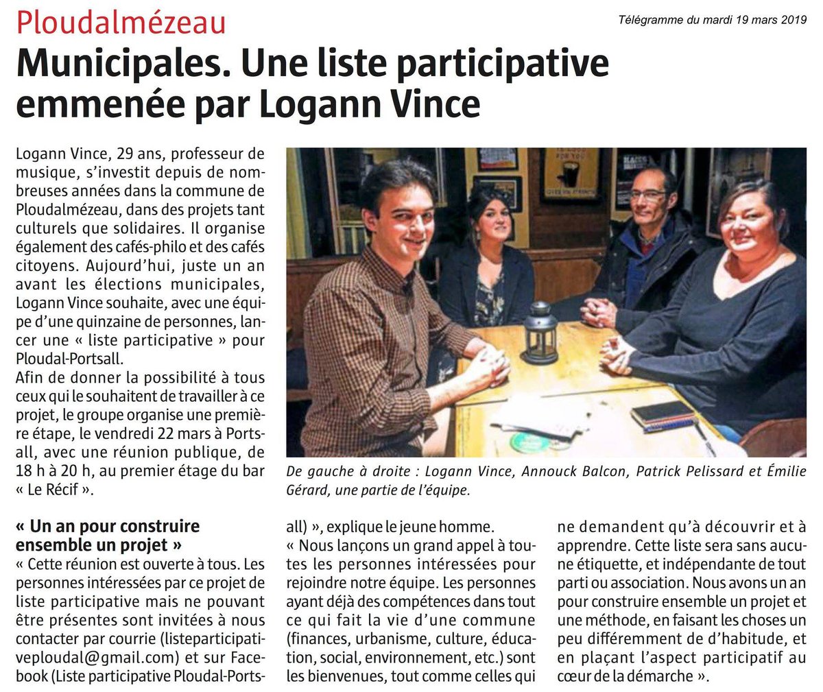 L’article du <a href="/LeTelegramme/">Le Télégramme</a> présentant le lancement de notre #listeparticipative aux prochaines élections #Municipales2020 à #Ploudalmezeau #portsall