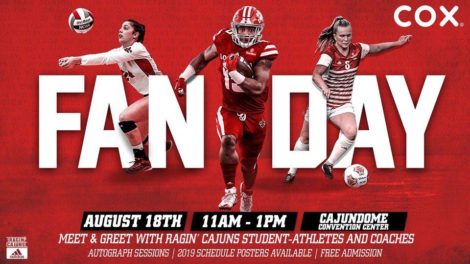 RaginCajuns's tweet photo. 🤟 𝗟𝗢𝗨𝗜𝗦𝗜𝗔𝗡𝗔's fall 𝗙𝗔𝗡 𝗗𝗔𝗬 is coming to the @cajundome this Sunday!

👕 First 3,000 fans receive a free t-shirt!

⚜️ #GeauxCajuns https://t.co/gwvGN5zmWT
