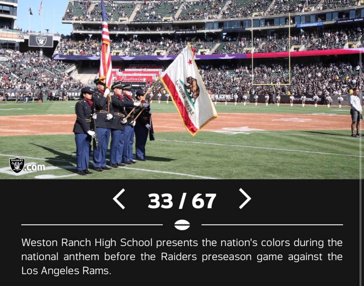 WRHSJOURNALISM's tweet photo. WR JROTC presents the colors before last week's Oakland Raider football game.  What an honor and a day for these outstanding young people.  Well done!  Way to represent!  🙌🐾 @WRHSLEADERSHIP @WRHSJROTC @musd https://t.co/Ne9zPbxL3F