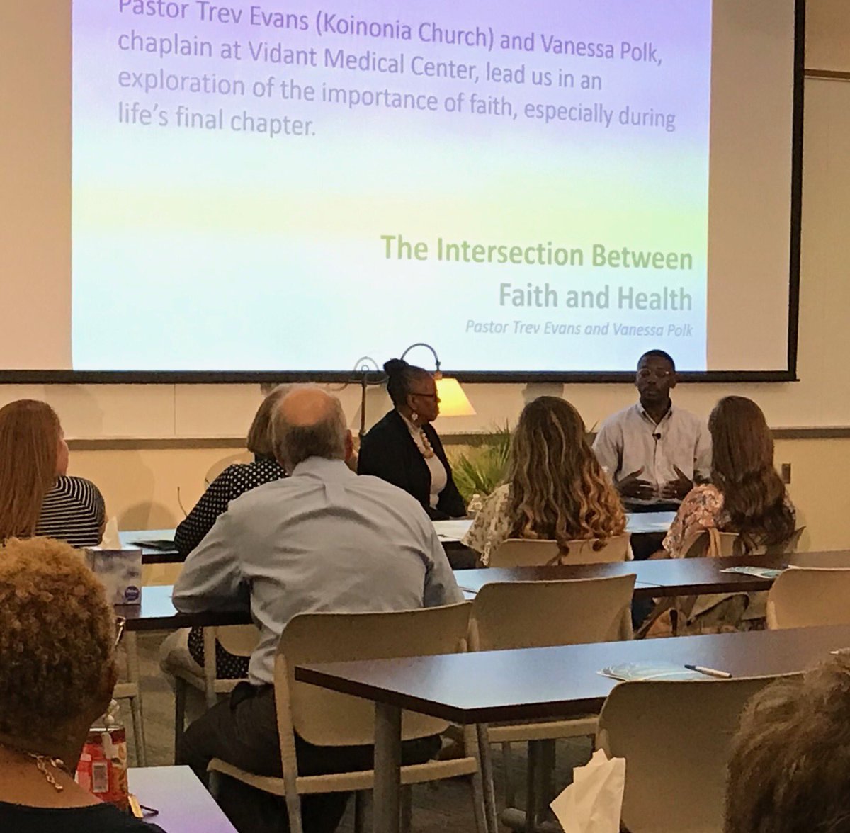 Vidant Gives Voice at Monroe Center in Greenville, NC.  Chaplain Vanessa Polk, VMC, &amp; Pastor Trev Evans, Koinonia Church, kick off the discussion with the importance of faith, during life’s final chapter. Sharing stories that will move you, personal journeys that will inspire you